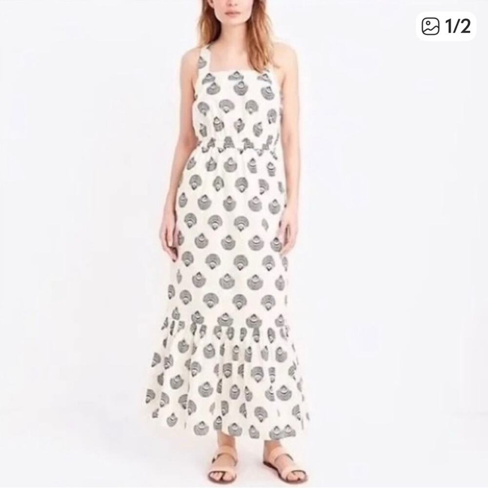 J.Crew Sz. 00 Tiered Maxi Dress Black White Shell Print Pockets Vacation Resort